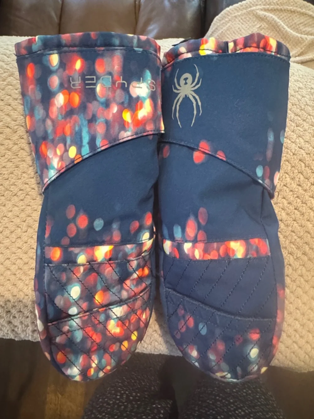 Spyder Kids Navy Mittens with Multicolor Light-Spot Print